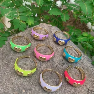 Colorful enamel copper open rings with gold heart relief in nine vibrant neon colors