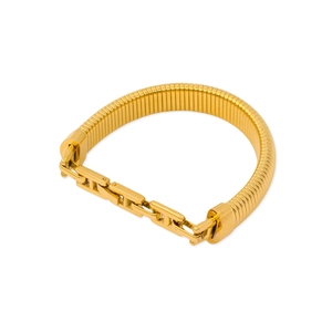 Close-up of gold-plated snake and H-link chain bracelet with metallic texture