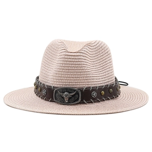 Western straw cowboy hat with vintage bull head leather band and star studs decor