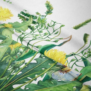Close-up of high-quality watercolor dandelion print on premium textile fabric background