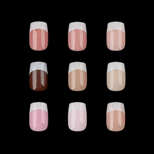 9-color solid French press-on nails set with glossy finish in a matrix display