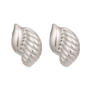 Macro view of snail-shaped stainless steel earrings with textured spiral grooves