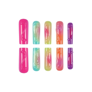 Rainbow gradient press-on nail set with 3D textured 10pcs long rectangular false nails