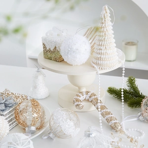 Champagne Gold Christmas Tree Ornaments Glitter Artificial Pearl Hanging Decorations Holiday Party Star Balls Ribbon Decor