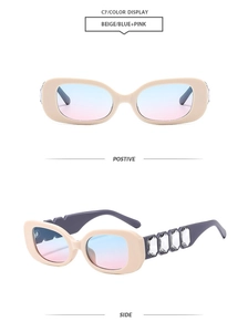 Detail of square beige sunglasses featuring blue-pink gradient lenses and crystal side decor