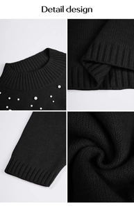 Détails de la robe en tricot noir avec perles blanches décoratives et col à bords-côtes