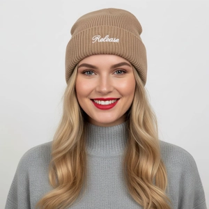 Close-up of khaki ribbed knit beanie featuring white 'Release' cursive embroidery detail