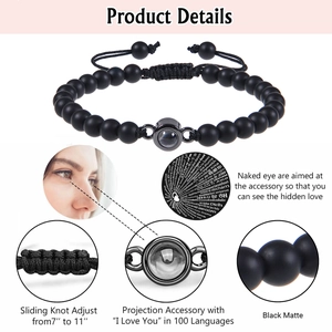 I Love You 100 languages projection bracelet with matte black beads and sliding knot