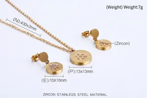 Detailed specs of gold stainless steel jewelry set with Roman numerals and cubic zirconia