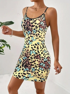 Slim fit mini dress with leopard and blue butterfly print for women in summer