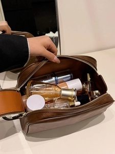 Trousse à maquillage portable en cuir PU marron à grande capacité avec fermeture éclair