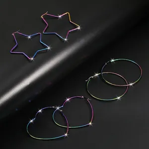 Rainbow plated titanium steel earrings set with star, heart, and large hoop designs