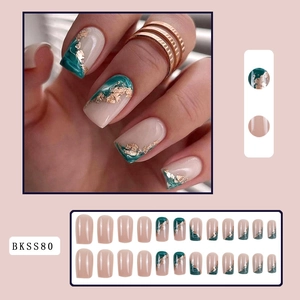 Dark green marble press-on nails with gold foil accents in square shape, 24pcs set