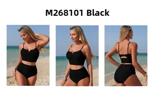 Three-view layout of a black bikini set with V-notch neck and ruched high-waist bottoms