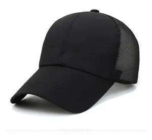 Close-up of breathable mesh back and SPORT embroidery on black summer baseball cap