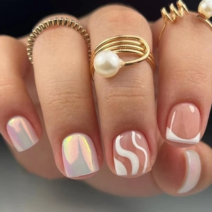 Aurora Milk White Ripple Press On Nails Short Square Round French Minimalist Wave Line False Nails With Glue For Women Manicure