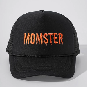 Black trucker hat with orange Momster embroidery featuring breathable mesh back and adjustable strap