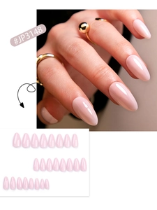 Detail of glossy long almond press-on nails in nude pink finish with full kit display