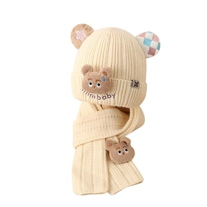 Kids knitted bear ear beanie and scarf set in cream white ribbed texture for winter warmth