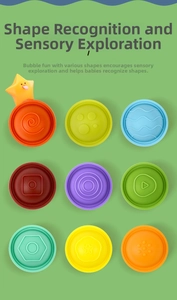 Detail of 9 colorful silicone bubbles with diverse geometric textures for sensory exploration