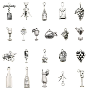 20-piece wine themed silver metal charms including bottle opener, glass and grape cluster