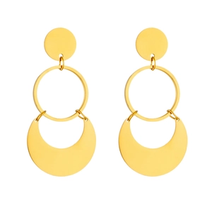 Three-layer geometric gold stainless steel earrings with circles and crescent pendants