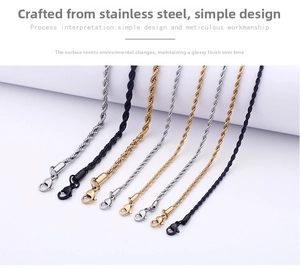 Close-up of classic stainless steel rope chains in gold, silver, and black with lobster clasp