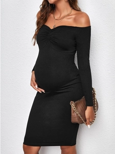 Maternity Ruched Dress Off Shoulder Long Sleeve Bodycon Slim Fit Elegant Solid Color Pregnancy Clothing For Women