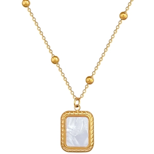 Minimalist gold titanium steel necklace with square white shell pendant and beaded chain