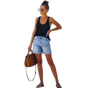 Women's high waist ripped denim shorts with fringe and casual black tank top