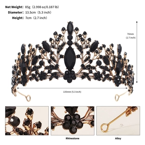 Detail view of black rhinestone Halloween crown with precise weight and size dimensions