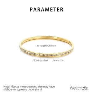 Detailed parameter view of a gold-plated stainless steel rhinestone bangle weighing 8g