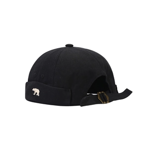 Retro black docker cap with bear embroidery and adjustable strap, back view on white base