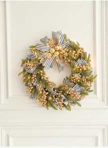 Detail of 50cm Christmas wreath with gold berries, striped bow, and warm LED lights