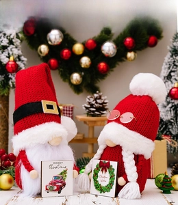 Close-up of a pair of festive Christmas gnomes with wooden signs and knit hats