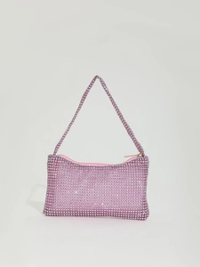 Detailed macro view of pink rhinestone mesh evening bag with sparkling crystal texture