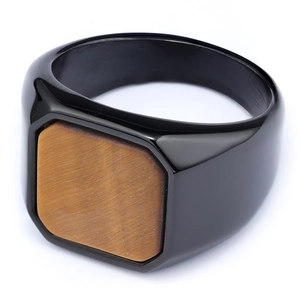 Men's square tiger eye stone signet ring with black plated stainless steel band