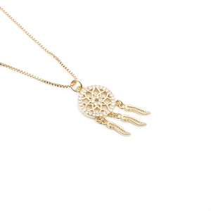 Elegant gold dreamcatcher necklace with sparkling zircon crystals and feather pendant