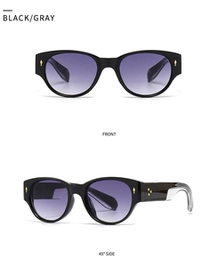 Front and 45-degree side view of vintage round sunglasses with purple gradient lenses