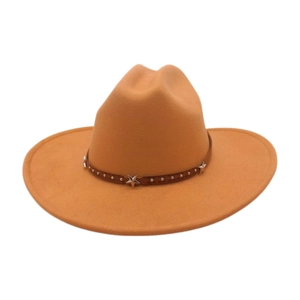 Detail of khaki suede cowboy hat with brown studded band and silver star accents