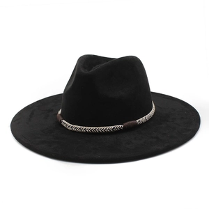 Classic black suede fedora hat with a woven decorative band for men and women