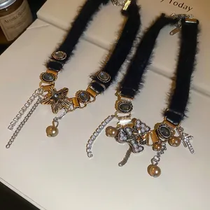 Furry star choker with rhinestones and pearls on a stylish aesthetic background