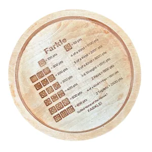 Round wooden Farkle dice tray with engraved scoring rules and blue translucent dice