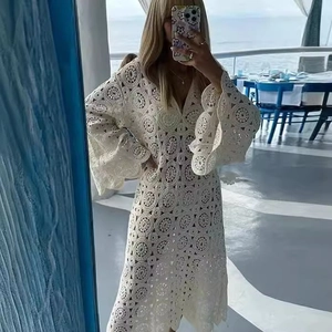 Crochet Hollow Out Dress V Neck Long Flare Sleeve Lace Embroidery Bohemian Beach Vacation Elegant Midi For Women