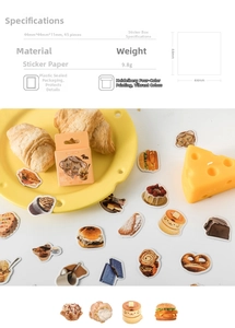 Detailed specs of food-themed stickers with croissant and cupcake designs for DIY crafts