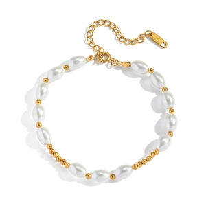 Bracelet élégant en acier inoxydable plaqué or 18K avec perles ovales et chaînette
