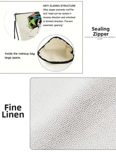 Detail view of linen makeup bag showing durable alloy zipper and spacious interior