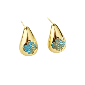 Elegant gold-tone teardrop earrings with turquoise four-leaf clover pattern on white background