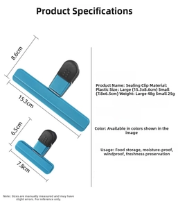 Detailed size chart for large and small T-shape plastic food sealing clips with dimensions