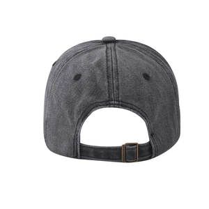 Close-up of washed gray cotton baseball cap back with adjustable bronze metal buckle
